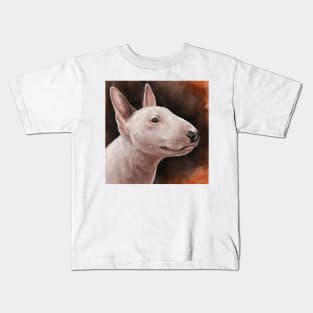 A Painting of a Bull Terrier Smiling on Hot Dark Orange Background Kids T-Shirt